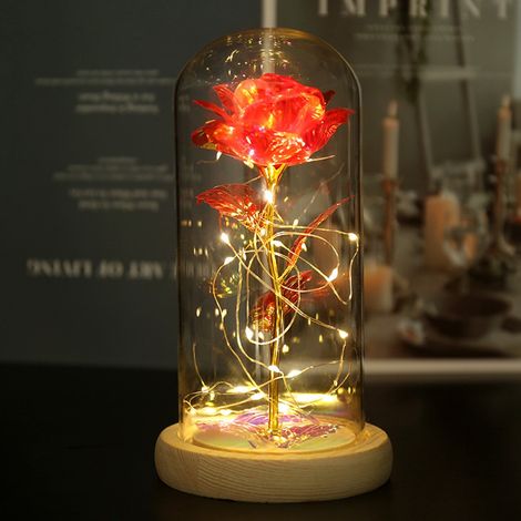Rose rouge sous verre - Roses éternelles - Cadeau pour femme - Rose éternelle - Fleurs artificielles - Fleur dorée - Rose éternelle sous cloche avec LED - Création florale artificielle - Cadeau pour m