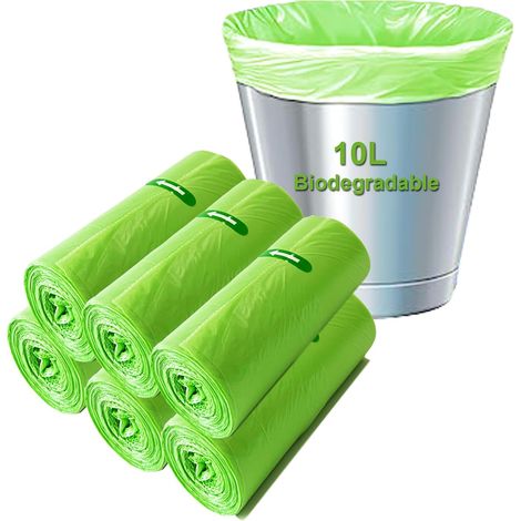 Lot de 100 sacs poubelle biodégradables, 10 litres - Sacs poubelle compostables de 10 L - Sacs poubelle recyclés biodégradables pour cuisine et bureau - Vert - 45 x 50 cm (1/5)