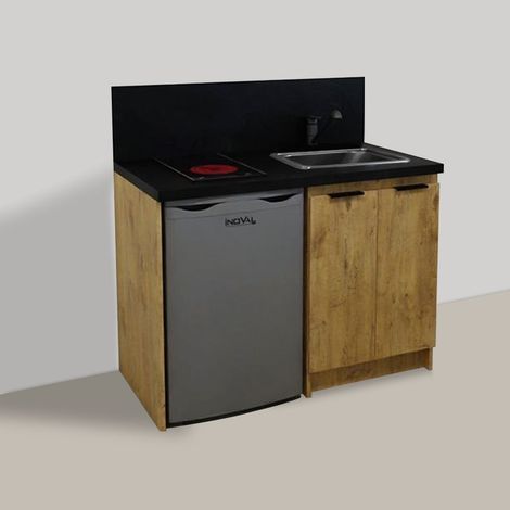 Inoval – Kitchenette chêne golden 120cm – Meuble bas mélaminé 16mm – Plaque vitrocéramique 3000W – Réfrigérateur table top 86L – Évier inox 39x45cm (1/4)