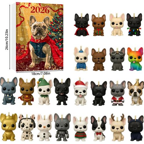 Calendrier de l'Avent Bouledogue français 2026, 24 décorations suspendues en acrylique 2D représentant d'adorables bouledogues français, ornements pour sapin de Noël et décoration festive. (1/5)