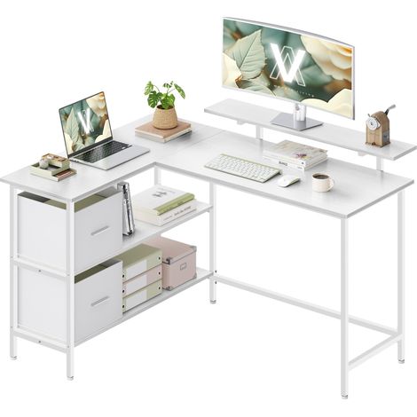 Bureau d'Ordinateur en Forme de L, Bureau d'angle, 2 Tiroirs Spacieux, Support de Moniteur, Étagère Réglable, Blanc Érable LWD098W01 (1/5)