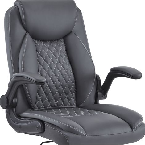 Silla de oficina ergonómica gris de cuero con respaldo alto, reposabrazos abatibles y ruedas (1/5)