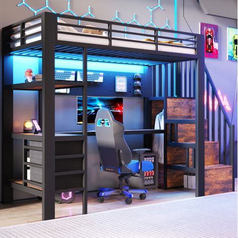 Hochbett Metall & MDF Schwarz 90x200 cm mit Schubladen, Ablagen, Lochwand, Tisch, Steckdose und LED-Licht (1/5)
