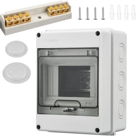 Coffret Electrique Etanche Exterieur IP65, 5 Modules avec Terminaux et Rails Intégrés Boîte à Fusibles Distributeur en Saillie, Abs de Surface en Plastique avec Porte Transparente (1/5)