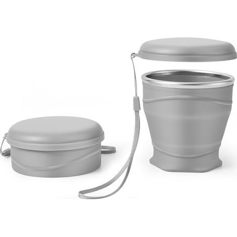 Gobelet pliable en silicone de 260 ml avec couvercle, sans BPA, bord en acier inoxydable 304, gobelet portable pour voyage, camping, randonnée, sports de plein air (gris) (1/5)