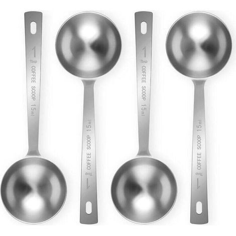 Ein Set aus 4 langstieligen Edelstahl-Teelöffeln (1 Esslöffel, 15 ml), geeignet für gemahlenen Kaffee, losen Tee und Kaffeepulver.