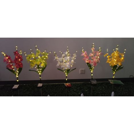 Lampes solaires en forme de fleurs, lot de 5, avec orchidées violettes et jaunes, lampes solaires d'extérieur, lampes solaires étanches pour jardins, terrasses, allées, pelouses, parterres de fleurs e (1/4)