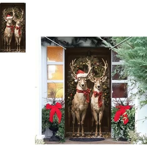 DECOR DE NOEL Couverture de Porte de Noël Bannière de Porte de Noël Suspendue Bannière Toile de Fond de Noël (Wapiti,200x90cm) (1/3)