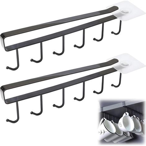 Lot de 2 porte-gobelets noirs à 6 crochets sous une armoire, rangement sous une étagère, pour restaurant, café, bar, cuisine, avec vis adhésive (1/5)