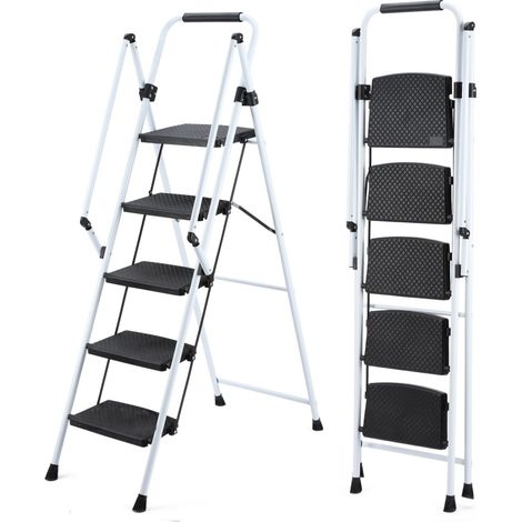 Échelle, tabouret-échelle pliant, avec larges pédales antidérapantes, échelle en acier, avec poignée de sécurité antidérapante, tabouret-échelle portable léger en acier blanc de 330 livres, 5 marches. (1/5)