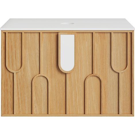 Meuble sous vasque suspendu texturé avec plan en pierre frittée - Naturel clair - L75 cm - MERKAN (1/3)