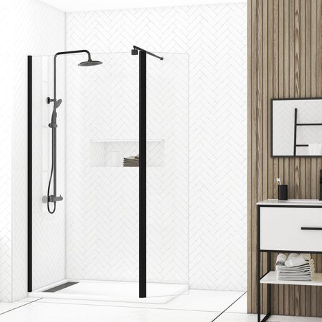 paroi de douche et volet pivotant 100+40x200 cm - verre transparent - barre de fixation noire (1/5)