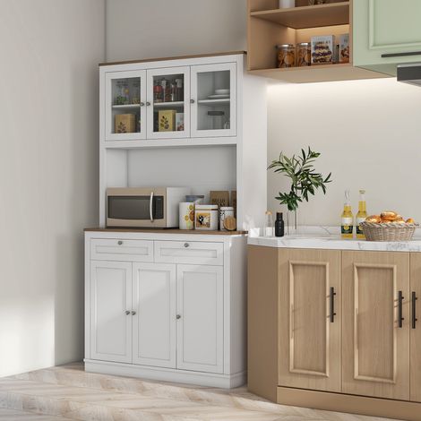 Meuble de cuisine blanc avec 3 portes vitrées, compartiment ouvert, 2 tiroirs et étagères réglables, 100 x 40 x 180 cm (1/5)