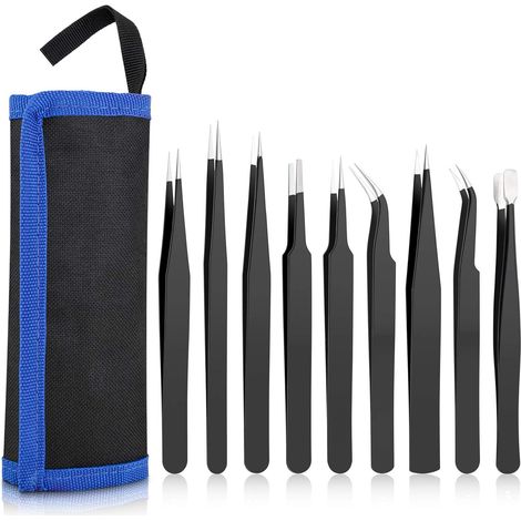 Juego de 9 pinzas, acero inoxidable antiestático ESD, acabado negro mate, para reparación de aparatos electrónicos y joyas. (1/5)