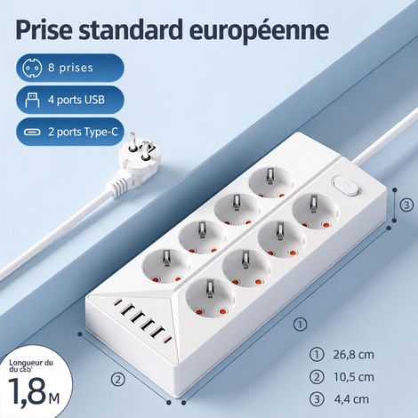 Multiprise standard européen 8 prises 4 USB 2 Type-C avec interrupteur câble 1,8 m 4a t854 16 8 30 × 11 × 9 cm 620 g – Livraison gratuite