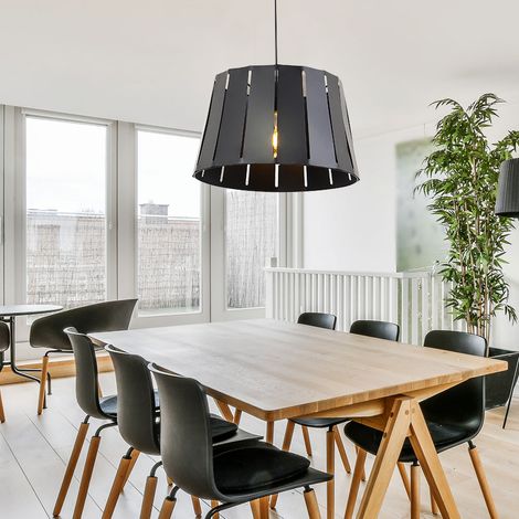 Lampe suspendue table à manger suspension noir lampe de salon moderne, abat-jour aspect bois clair suspension, métal mat, 1x douille E27, DxH 35x120cm