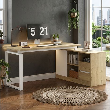 Scrivania angolare 152x113.5x76 cm, con 2 cassetti e 3 ripiani aperti, armadietto, MDF e metallo, naturale e bianco (1/5)