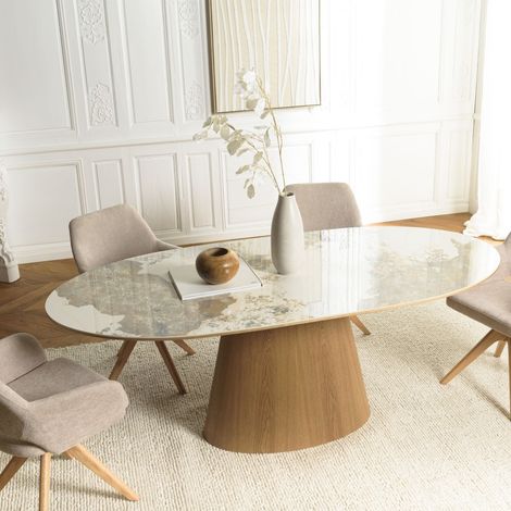 Macabane – Table à manger ovale 200x90cm en céramique effet marbre – Pieds en bois – Élégante pour intérieur moderne – Meuble démonté (1/5)
