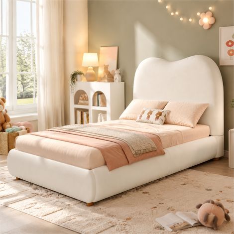 Cama infantil tapizada (215x101x98 cm), con almacenamiento hidráulico, somier, cabecero acolchado, terciopelo beige (1/5)