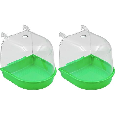 2 pcs Baignoire à Oiseaux, Baignoire Suspendue Fournitures pour Cage à Oiseaux, Boîte de Douche Transparente Plateau de Support de Mangeoire pour Petits Oiseaux, Canaris, Perruches (Vert) (1/5)