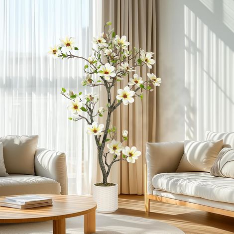 Arbre Magnolia Artificiel avec Fleurs Réalistes – Plante Décorative Faux, Feuilles Vertes, Pot Blanc, 5FT (1/5)