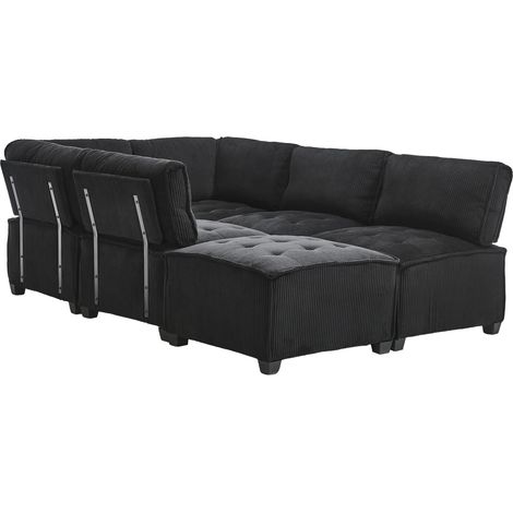 Sofá modular de 6 plazas 308 cm de pana negra con almacenaje lateral y estructura de madera y metal (1/5)