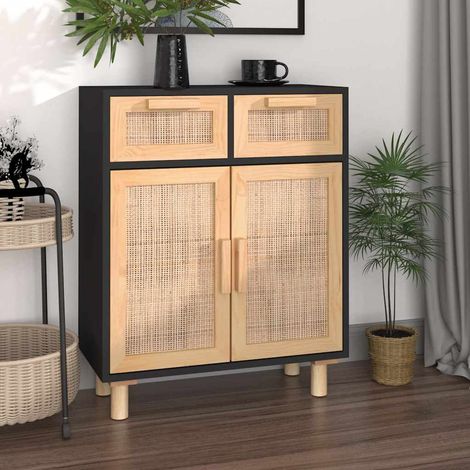 Aparador negro madera pino maciza y ratán natural 60x30x75 cm (1/4)