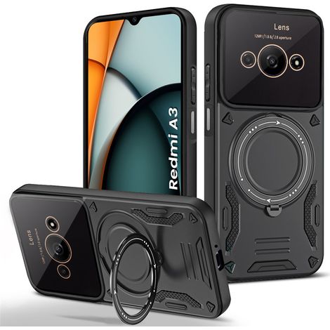 Custodia rinforzata per Xiaomi Redmi A3, con anello magnetico, nera (1/5)