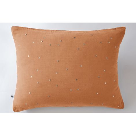 Taie d’Oreiller 50 x 70 cm – Gaze de Coton Brodée Fil Or – Gaïa Chic Abricot (1/5)