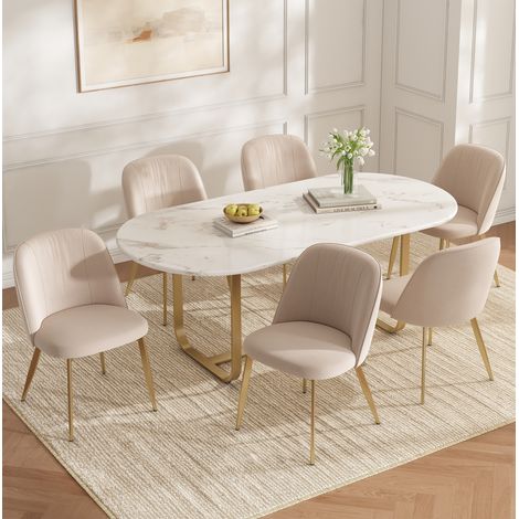 Lot de 6 chaises de salle à manger en velours beige avec pieds métalliques dorés, style moderne (1/5)