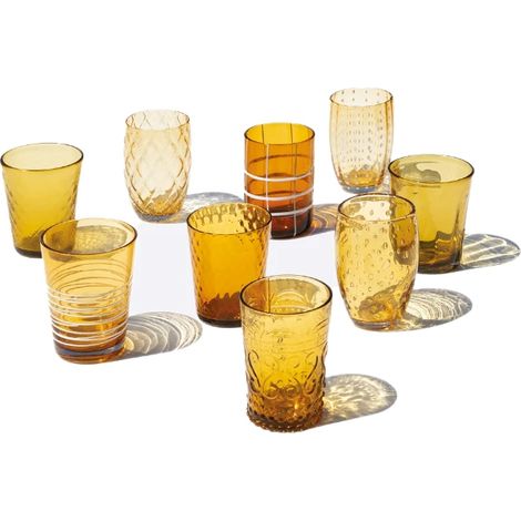Zafferano Melting Pot Set 6 Bicchieri Monocolore - Ambra - Vetro Soffiato a Mano, 32 cl - Tumbler Artigianali per Acqua e Cocktail