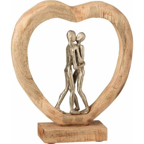 Statue Déco en Bois "Couple & Cœur" 35cm Naturel