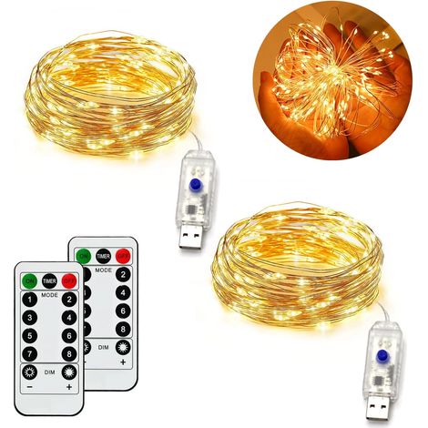 [Lot de 2] Guirlande Lumineuse 100 LED 10m avec 8 Modes, Alimentée par USB, Guirlande Étanche IP65 pour Intérieur et Extérieur, Cuivre avec Minuterie à Distance pour Chambre, Fête et Noël (1/5)