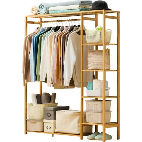 Porte-vêtements, en bois de bambou, avec étagères de rangement, Or (1/5)