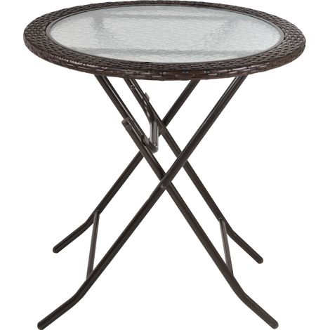 Folding Rattan Garden Dining Table, 68 cm Round Rattan Garden Table with Water Ripple Tempered Glass Top, Wicker Edging and Steel Frame for Outdoor, Patio, Brown