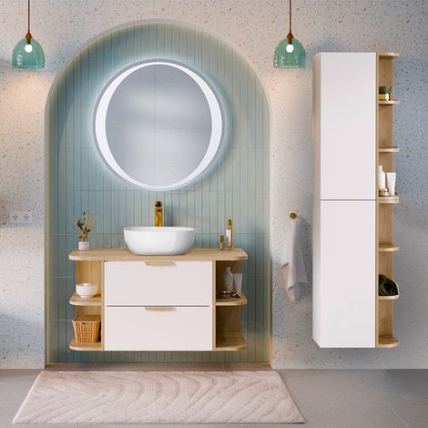 Ensemble meuble simple vasque 100cm niches arrondies et colonne Oria Blanc mat (1/5)