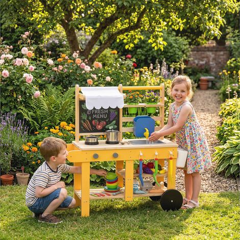 Cuisine jouet bébé en bois jaune sur roulettes avec eau réelle, évier et table de cuisson pour jardin extérieur