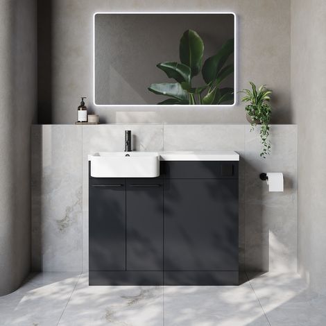 Napoli 250 Gloss Grey 1000mm 2 Door Vanity Unit Toilet Suite with Left Hand Round Rico Semi Recessed Basin - 1000mm - Matt Black 160mm HandleWithout Kingston Toilet Pan