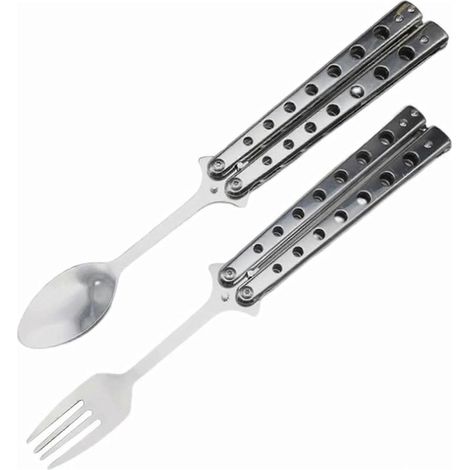 Online Store - Ensemble fourchette et cuillère papillon, ensemble de couverts pliables 2 pièces, en acier inoxydable. (1/5)