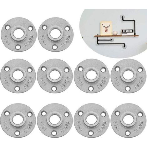 Lot de 10 brides filetées 1/2" - Brides filetées en métal - Avec 3 trous - Pour tuyau, robinet, étagère murale, sol - Meubles tubulaires - Montage mural (1/5)