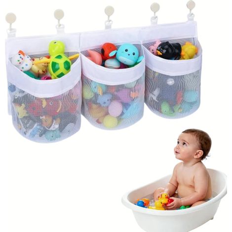 Grand sac maille jouets bain 60 cm, séchage rapide 3 compartiments 5 crochets solides ouvertures larges
