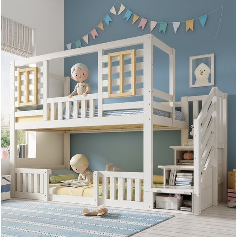 DESVIAE Lit superposé enfant style cabane avec escalier de rangement 90 x 200 cm blanc bois avec sommier à lattes et fenêtres en bois (1/5)