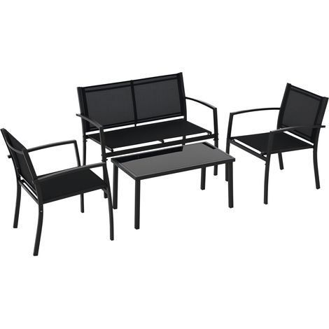 4-teiliges Gartenmöbelset mit 2-Sitzer-Sofa, 2 Stühlen und Couchtisch aus gehärtetem Glas, inklusive Kissen, schwarz