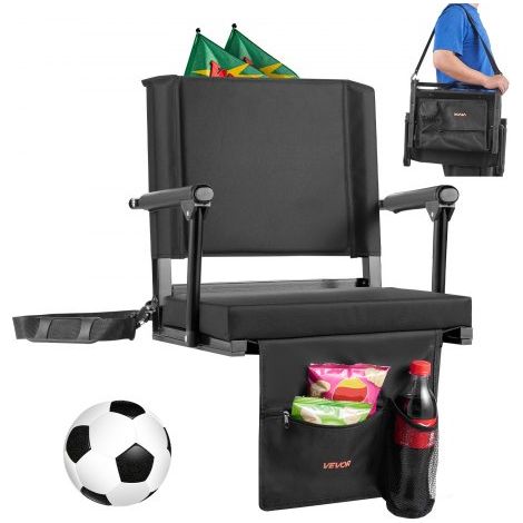 Silla de Estadio Portátil, con Respaldo de 95° y Reposabrazos, Multiusos, para el Hombro, Portavasos y Gancho, Fabricada en Tela Oxford 600D Impermeable, Color Negro, 365 x 495 x 425 mm (1/5)