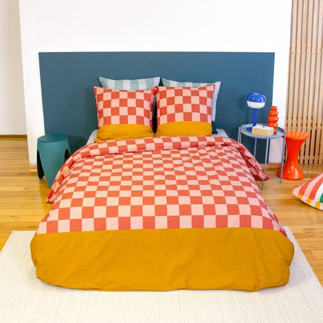 sweeek - Bettwäsche-Set aus Baumwolle mit Schachbrettmuster für zwei Personen rot und orange