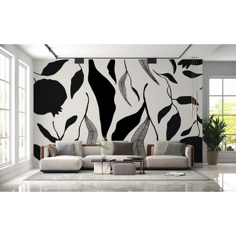 Papier peint nature - silhouettes de feuillage noir et crème - 400 x 260 cm (1/2)