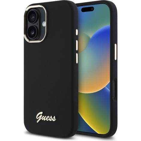 Guess GUHCP16SSMBSLK iPhone 16 6.1" custodia rigida nera/nera in silicone con scritta e logo in metallo. (1/5)