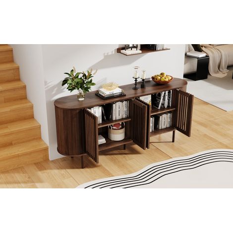 Buffet 160x40x70cm en MDF avec 4 portes coulissantes perforées, commode moderne avec étagères réglables et pieds métal stables, buffet de salon pour entrée, salle à manger, couleur noyer (1/5)