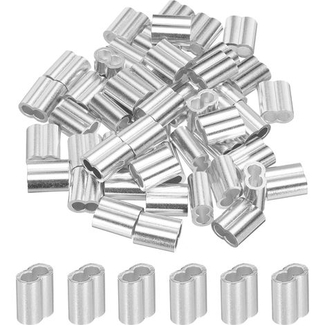 5/32" 4mm Aluminium Sertissage Boucle Manchon Double Ferrule pour Fil Corde Câble Ligne Fin, Argent 50pcs (1/5)