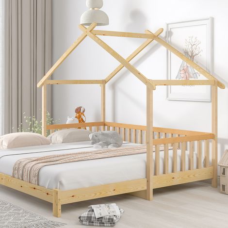 Lit en forme de cabane extensible, lit en forme de maison, lit d'enfant, lit de jour, lit simple et double, 100 % bois massif, couleur naturelle et, 200x90cm, 200x180cm, lit cabane enfants (1/4)